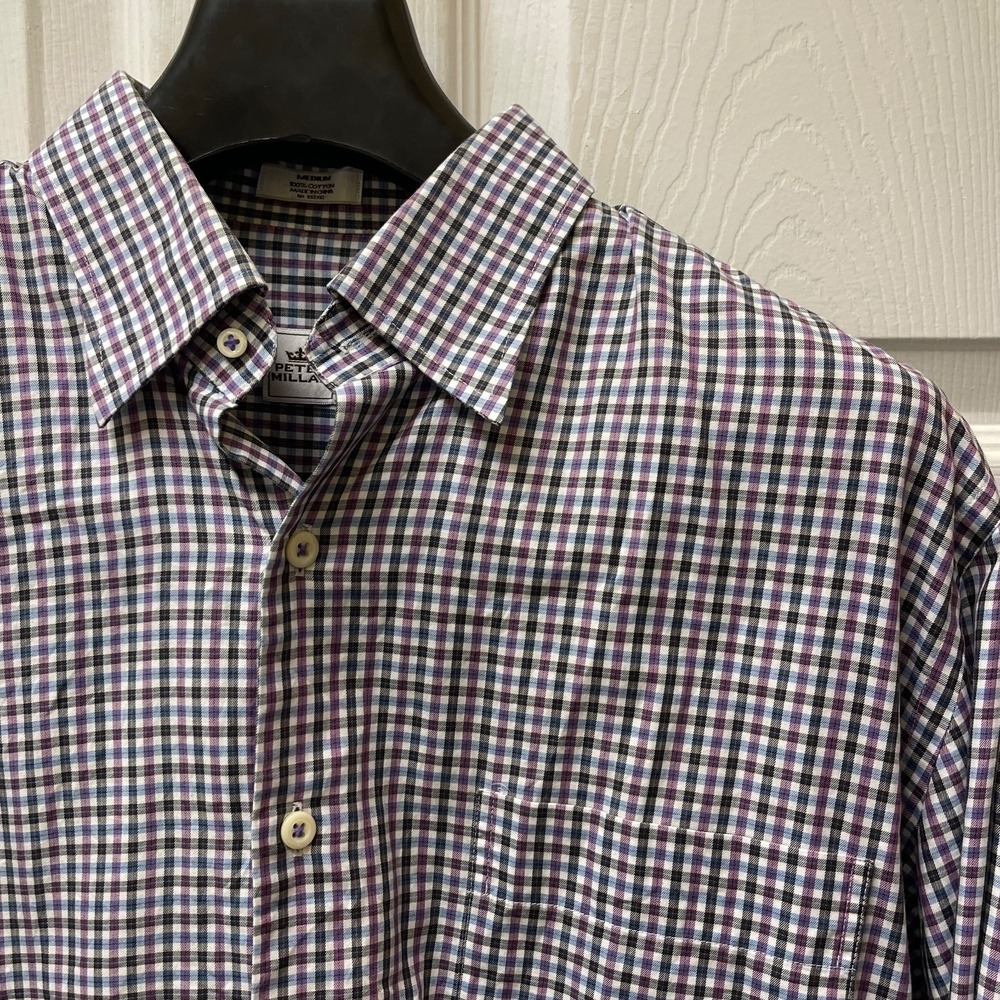Peter Millar‎ Men's Sz Medium Blue, Purple & White Checked Button Up 100% Cotton